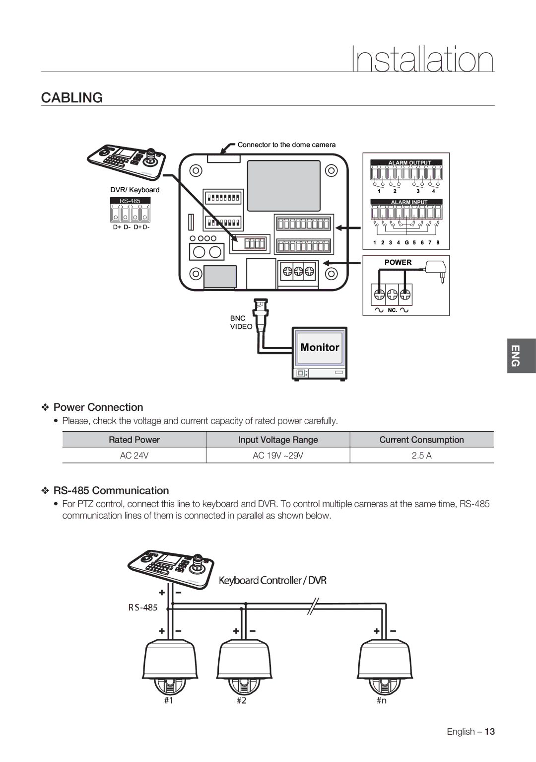 Samsung SCC-C7478P Cabling, Power Connection, RS-485 Communication, Rated Power Input Voltage Range Current Consumption 