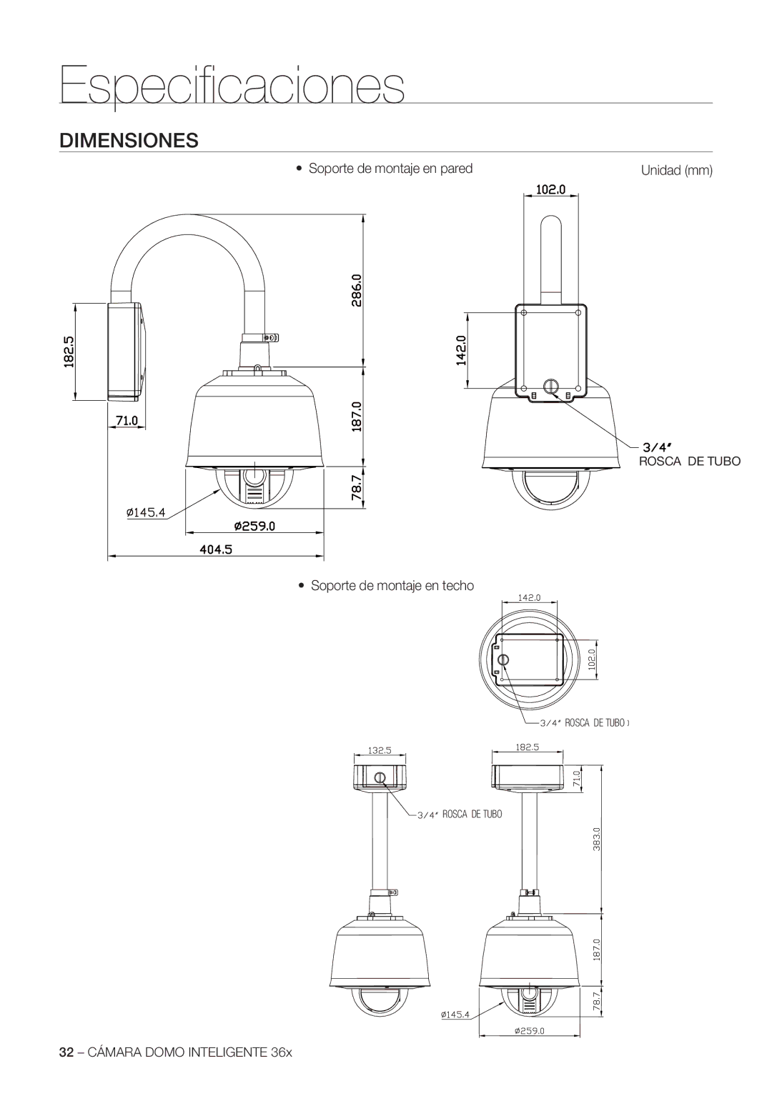 Samsung SCC-C7478P manual Dimensiones, Soporte de montaje en pared, Soporte de montaje en techo, Unidad mm 