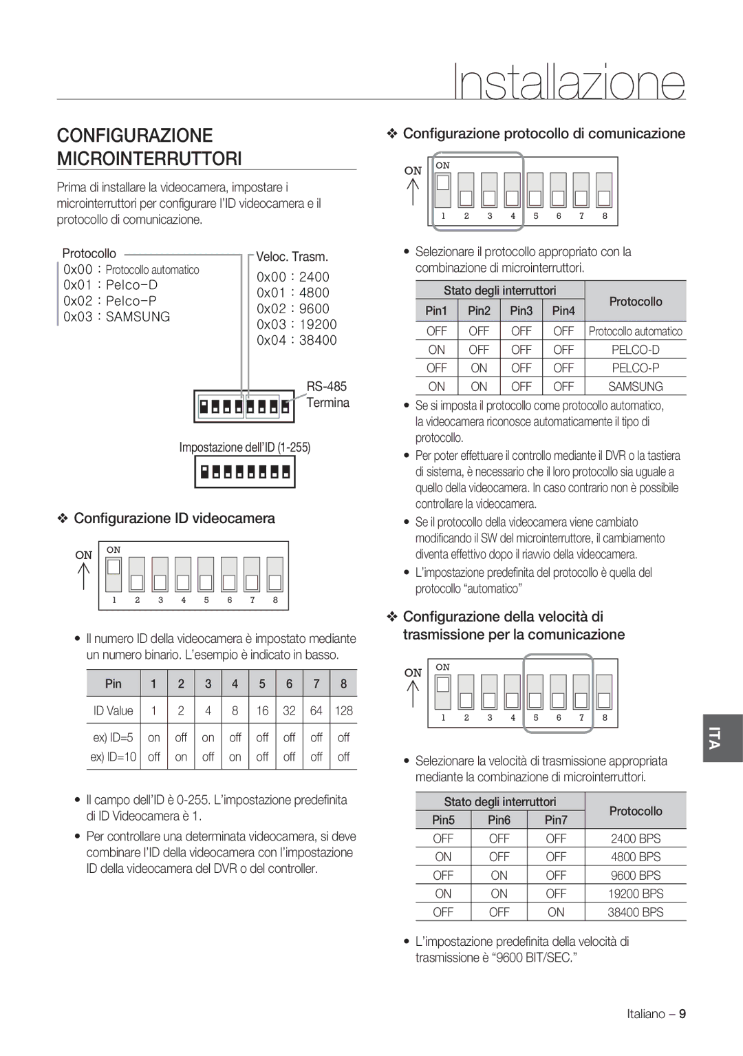 Samsung SCC-C7478P manual Installazione, Configurazione Microinterruttori, Conﬁgurazione ID videocamera 