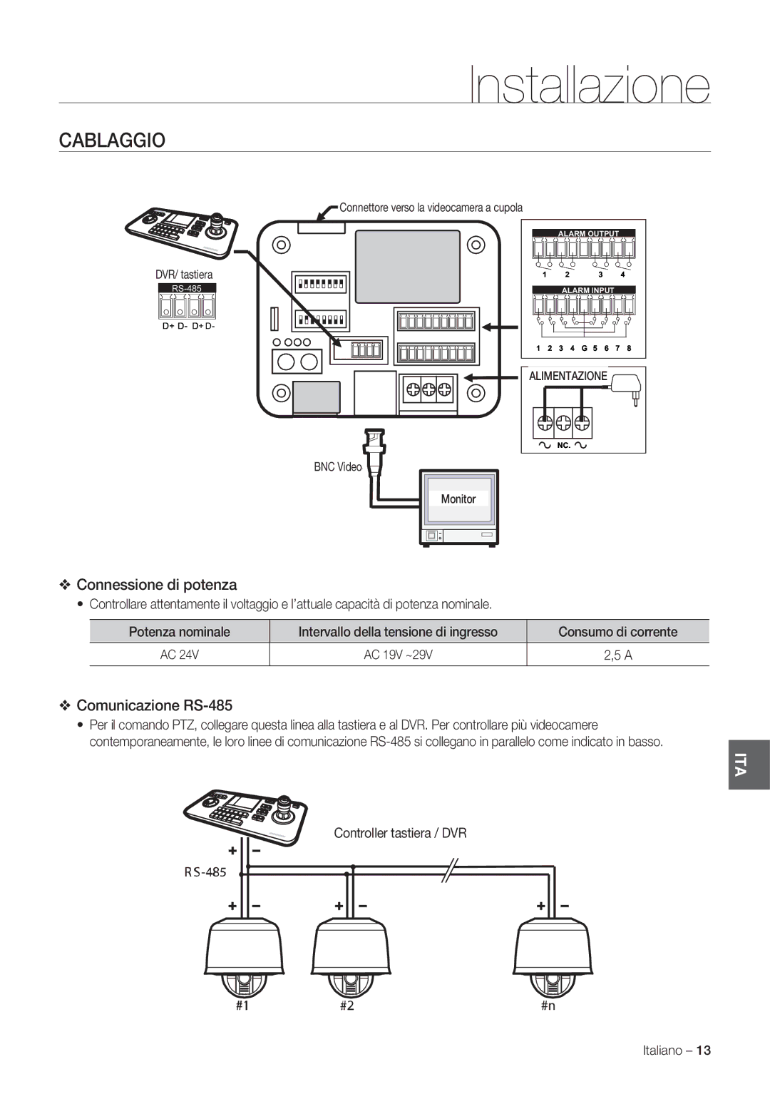 Samsung SCC-C7478P manual Cablaggio, Connessione di potenza, Comunicazione RS-485, Controller tastiera / DVR 