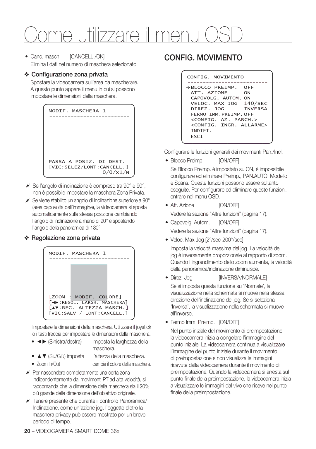 Samsung SCC-C7478P Come utilizzare il menu OSD, CONFIG. Movimento, Conﬁgurazione zona privata, Regolazione zona privata 