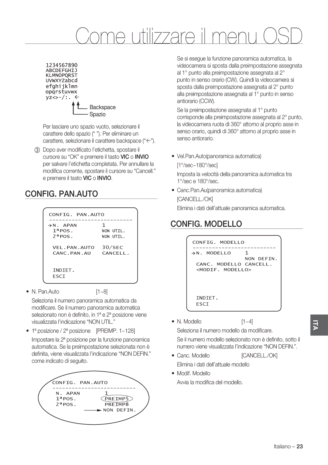 Samsung SCC-C7478P manual Config. Pan.Auto, CONFIG. Modello 