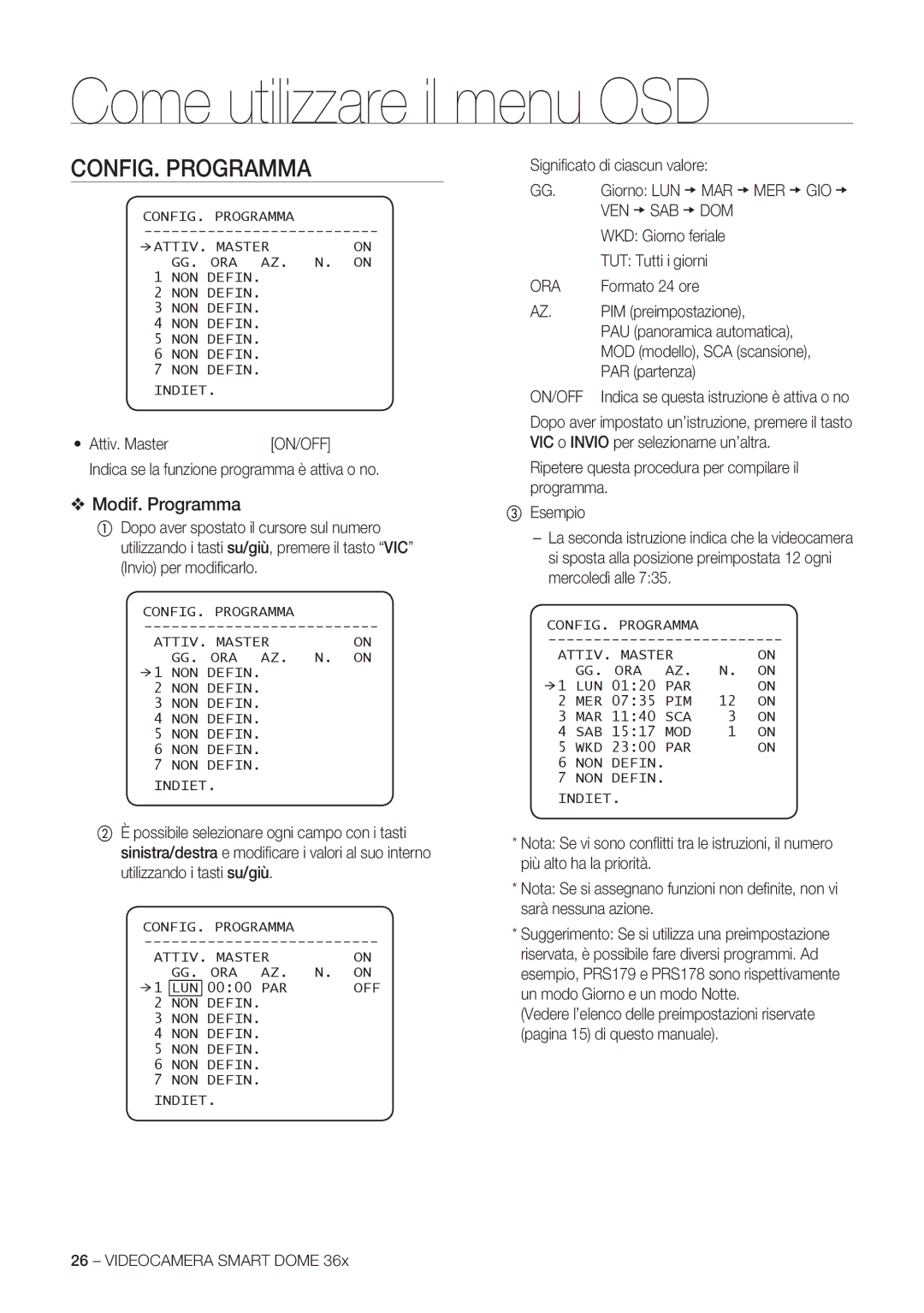 Samsung SCC-C7478P manual CONFIG. Programma, Modif. Programma, Ora 