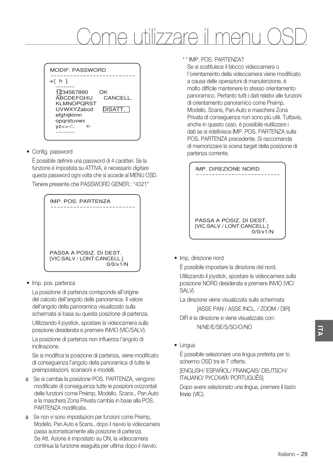 Samsung SCC-C7478P manual Imp. Pos. Partenza?, Asse PAN / Asse INCL. / Zoom / DIR 