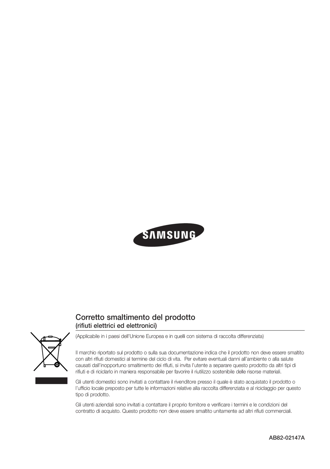 Samsung SCC-C7478P manual Rifiuti elettrici ed elettronici, AB82-02147A 