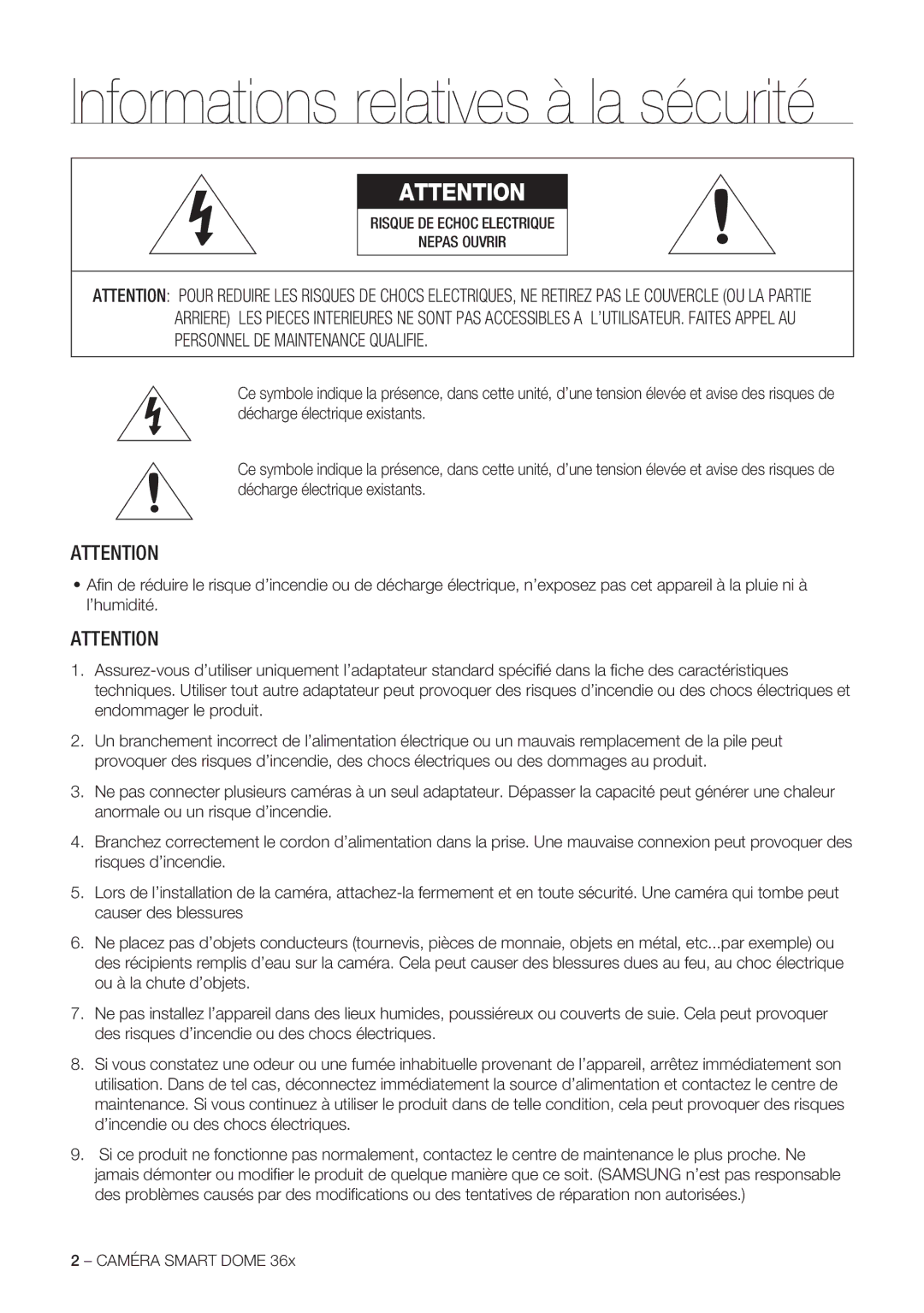 Samsung SCC-C7478P manual Informations relatives à la sécurité 