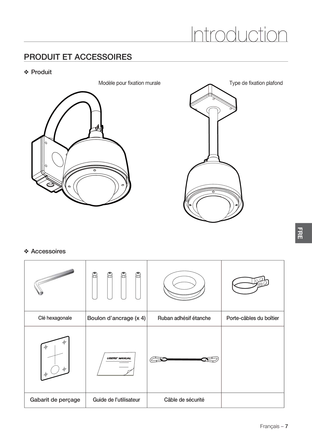 Samsung SCC-C7478P manual Produit ET Accessoires, Modèle pour ﬁxation murale, Clé hexagonale 