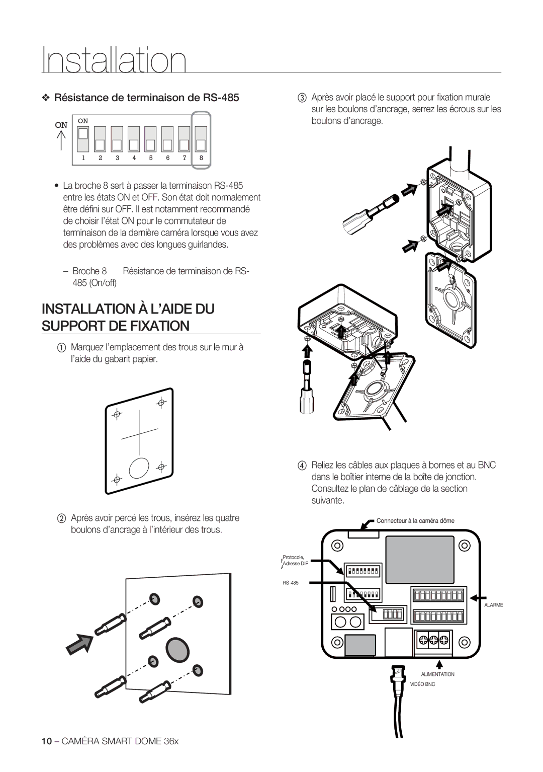 Samsung SCC-C7478P manual Installation À L’AIDE DU Support DE Fixation, Résistance de terminaison de RS-485 