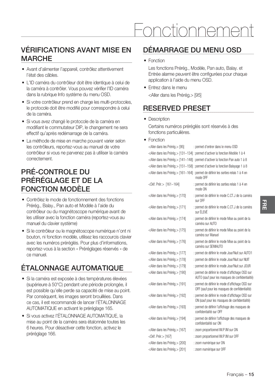 Samsung SCC-C7478P Fonctionnement, Vérifications Avant Mise EN Marche, PRÉ-CONTROLE DU Préréglage ET DE LA Fonction Modèle 