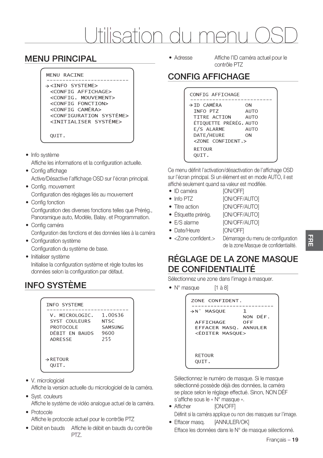 Samsung SCC-C7478P manual Menu Principal, Info Système, Config Affichage, Réglage DE LA Zone Masque DE Confidentialité 