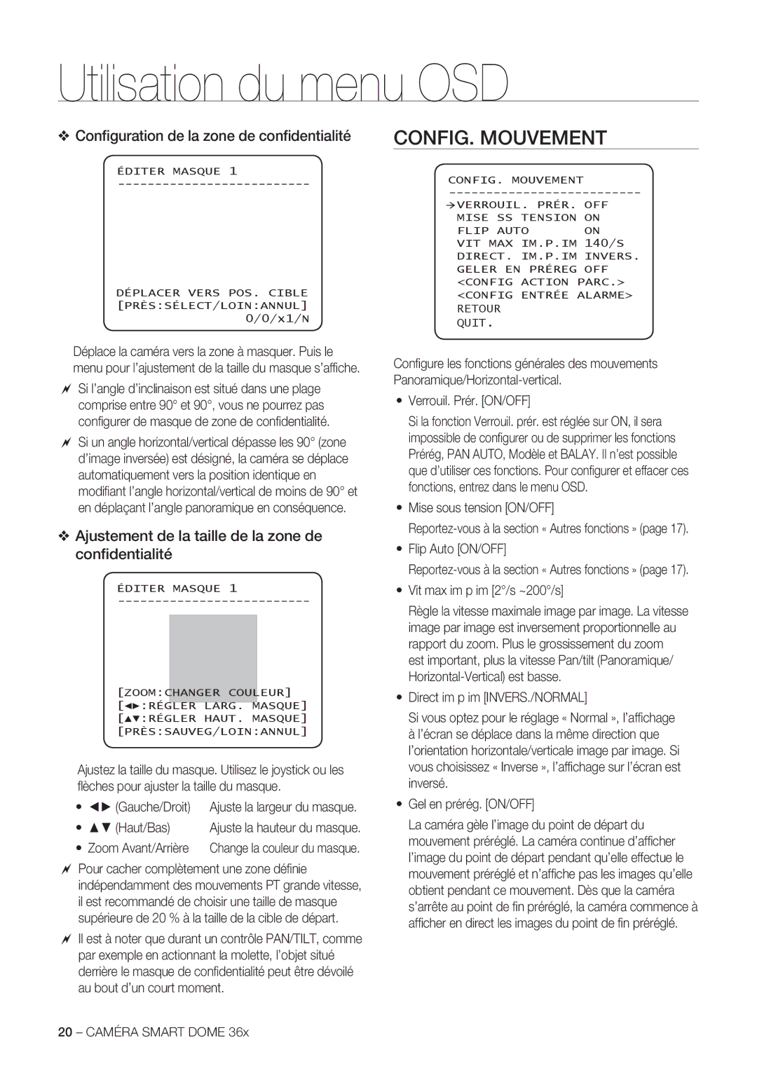 Samsung SCC-C7478P manual Utilisation du menu OSD, CONFIG. Mouvement, Conﬁguration de la zone de conﬁdentialité 