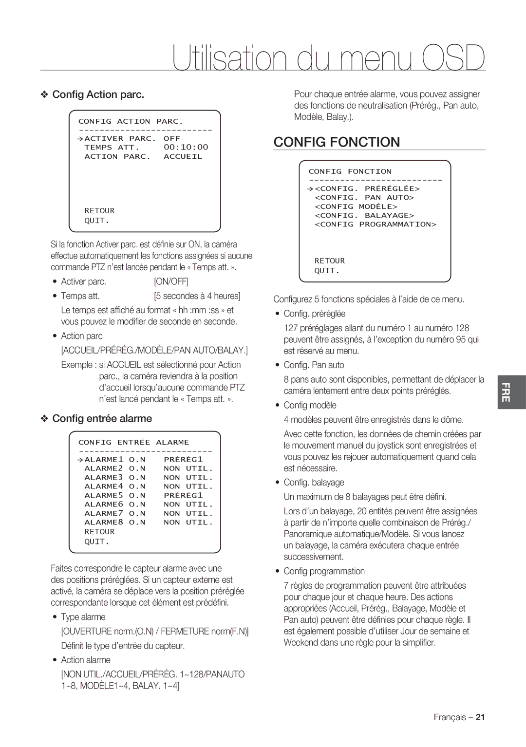 Samsung SCC-C7478P manual Config Fonction, Conﬁg Action parc, Conﬁg entrée alarme 