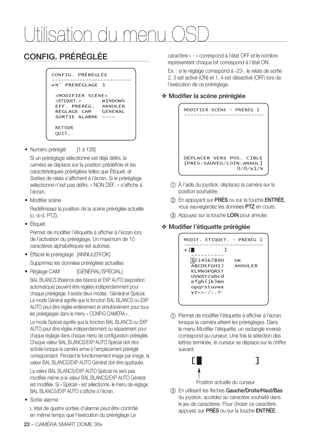 Samsung SCC-C7478P manual CONFIG. Préréglée, Modiﬁer la scène préréglée, Modiﬁer l’étiquette préréglée 