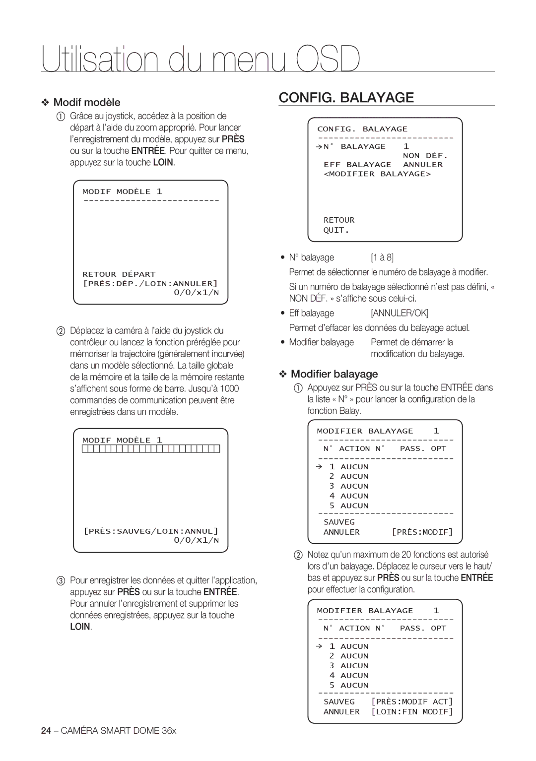 Samsung SCC-C7478P manual CONFIG. Balayage, Modif modèle, Modiﬁer balayage, Eff balayage, Permet de démarrer la 