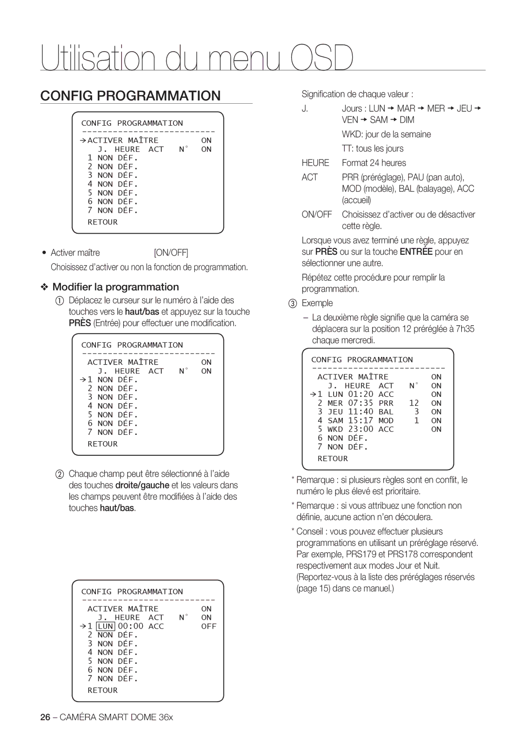 Samsung SCC-C7478P manual Config Programmation, Modiﬁer la programmation, Heure 