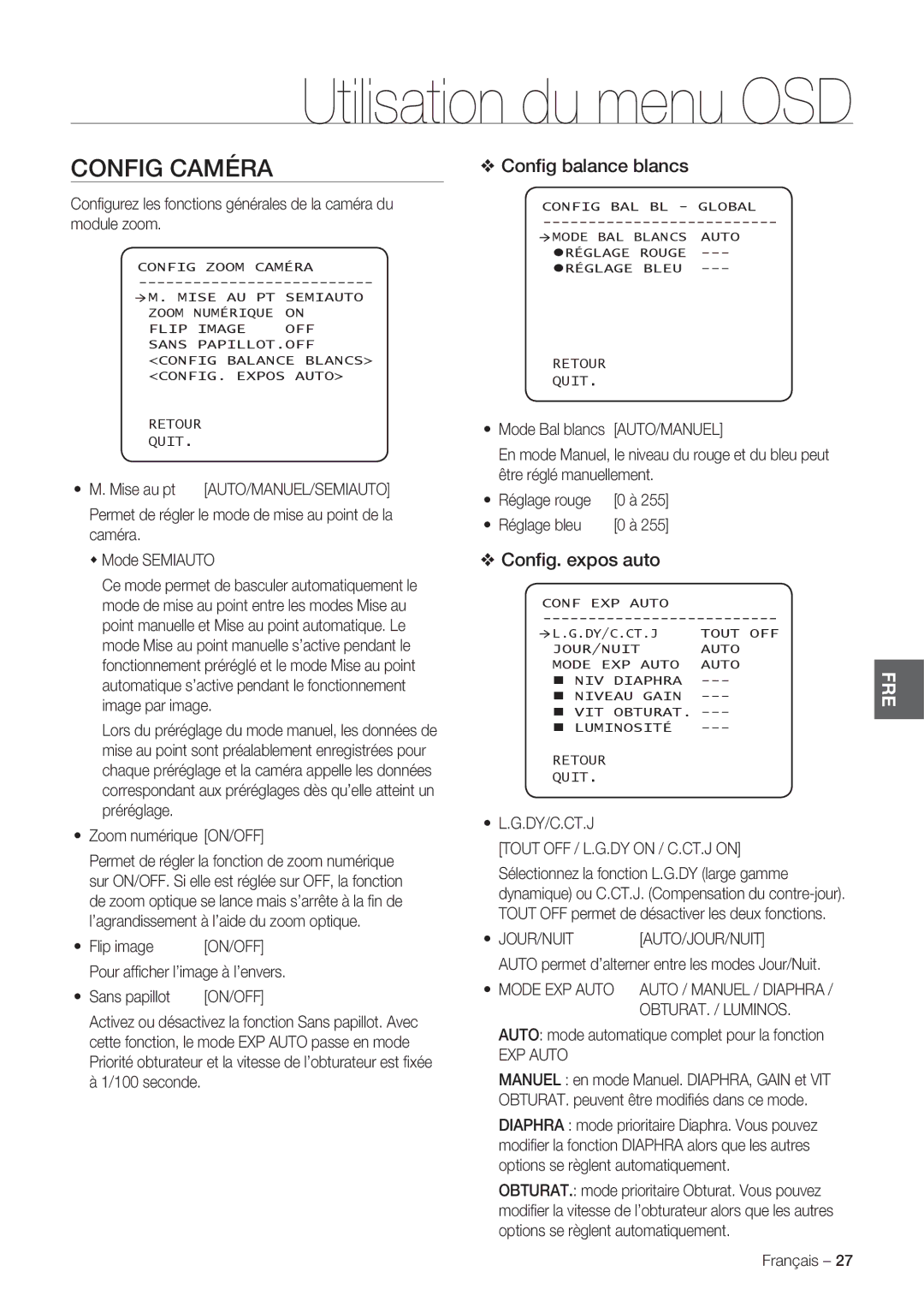 Samsung SCC-C7478P manual Config Caméra, Conﬁg balance blancs, Conﬁg. expos auto 