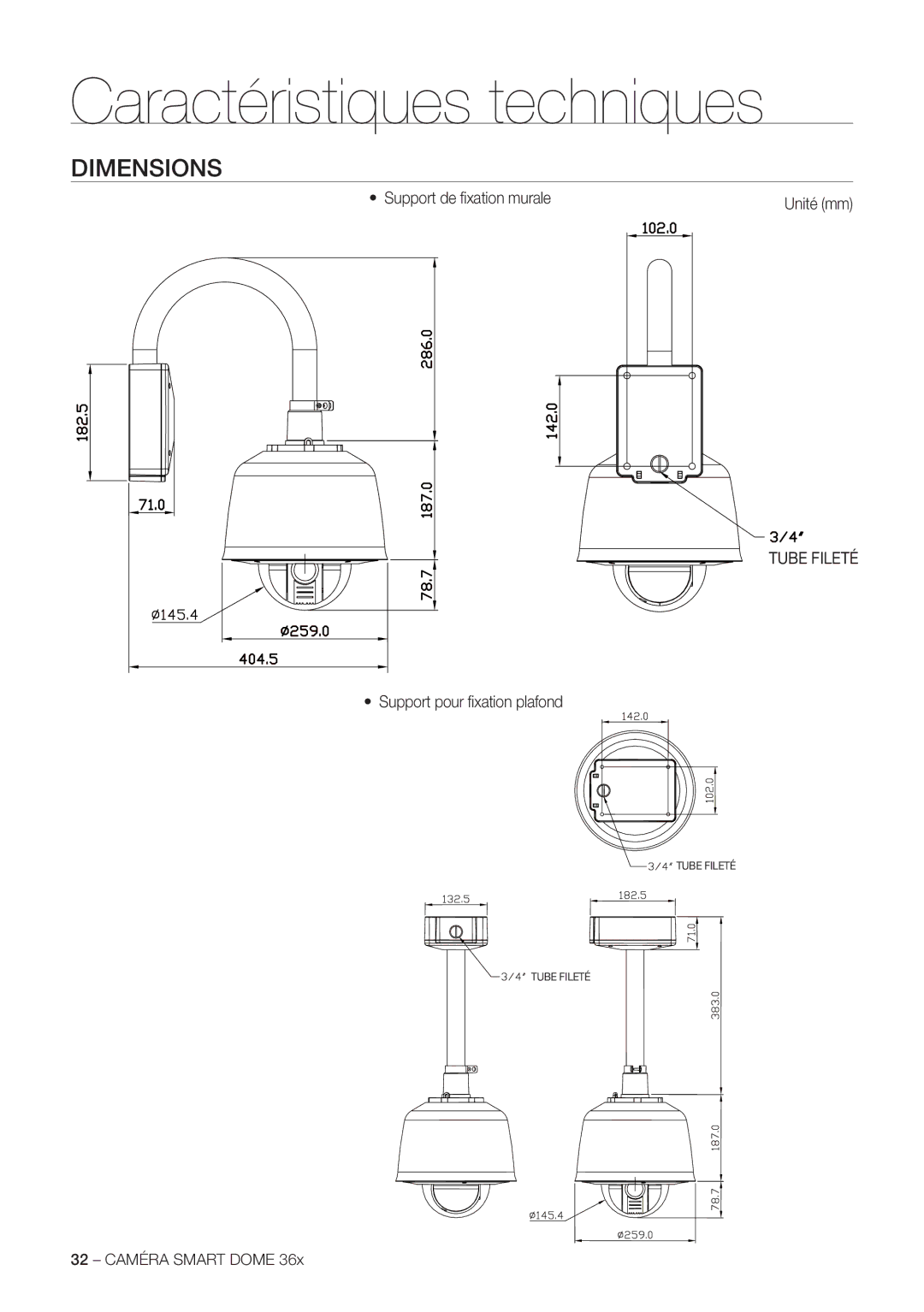 Samsung SCC-C7478P manual Dimensions, Support de ﬁ xation murale, Tube Fileté, Support pour ﬁ xation plafond 