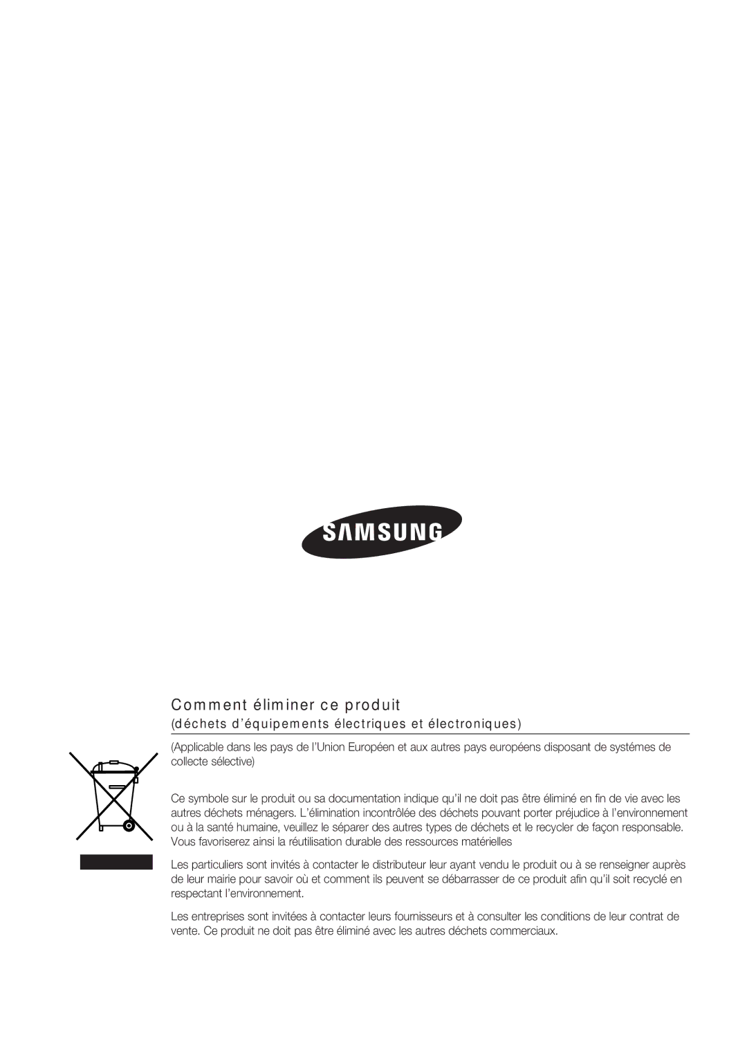 Samsung SCC-C7478P manual Comment éliminer ce produit, Déchets d’équipements électriques et électroniques 