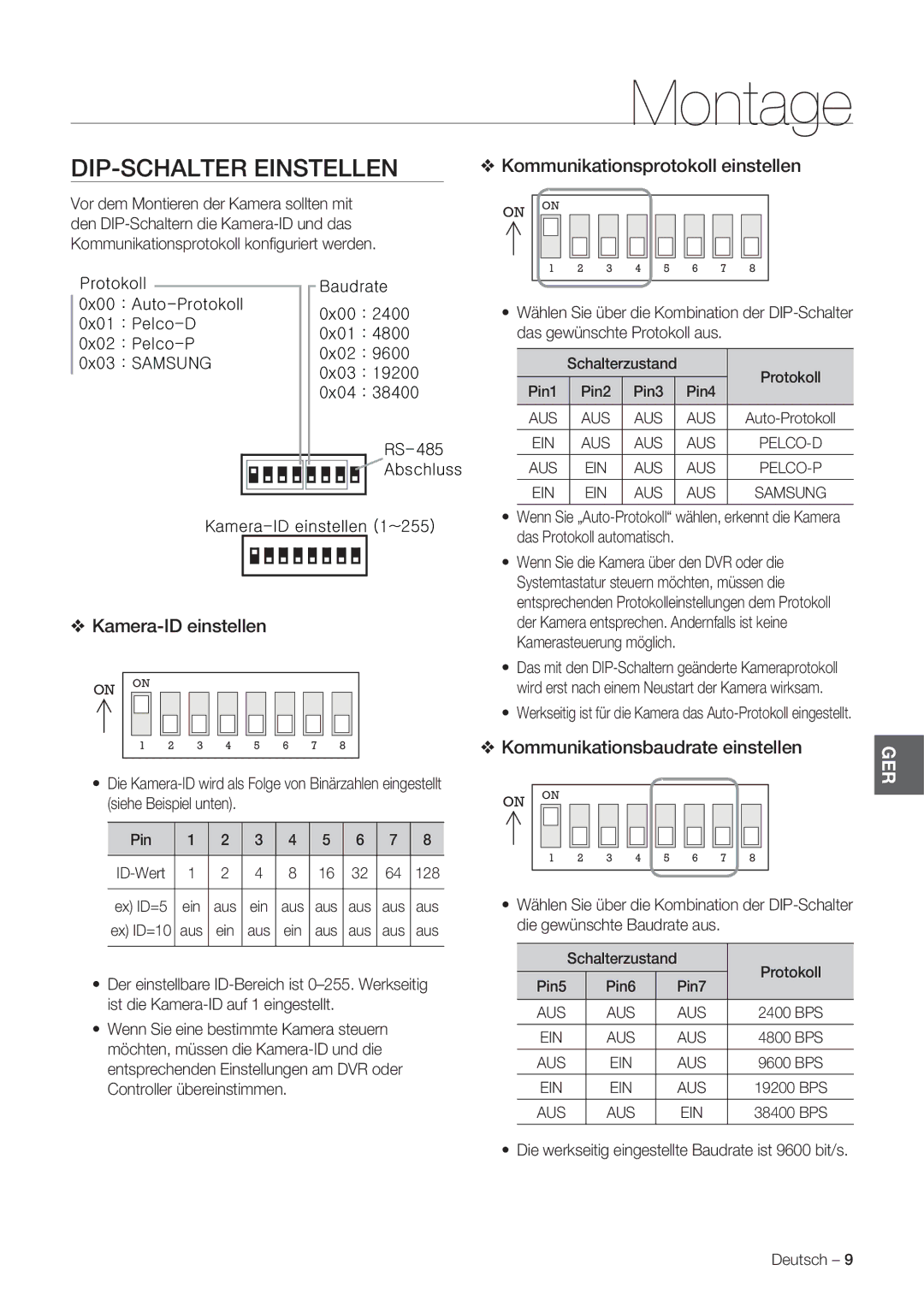 Samsung SCC-C7478P manual Montage, DIP-SCHALTER Einstellen, Kommunikationsprotokoll einstellen, Kamera-ID einstellen 