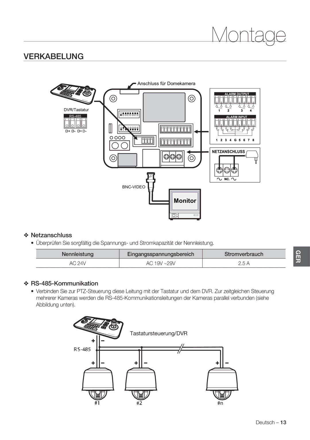 Samsung SCC-C7478P manual Verkabelung, Netzanschluss, RS-485-Kommunikation 