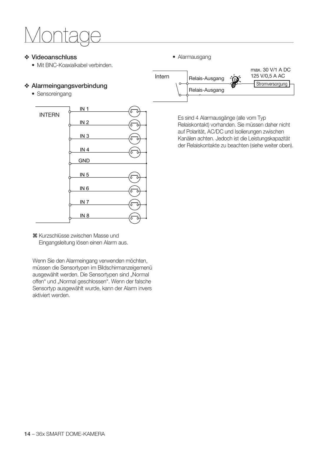 Samsung SCC-C7478P manual Videoanschluss, Alarmeingangsverbindung 