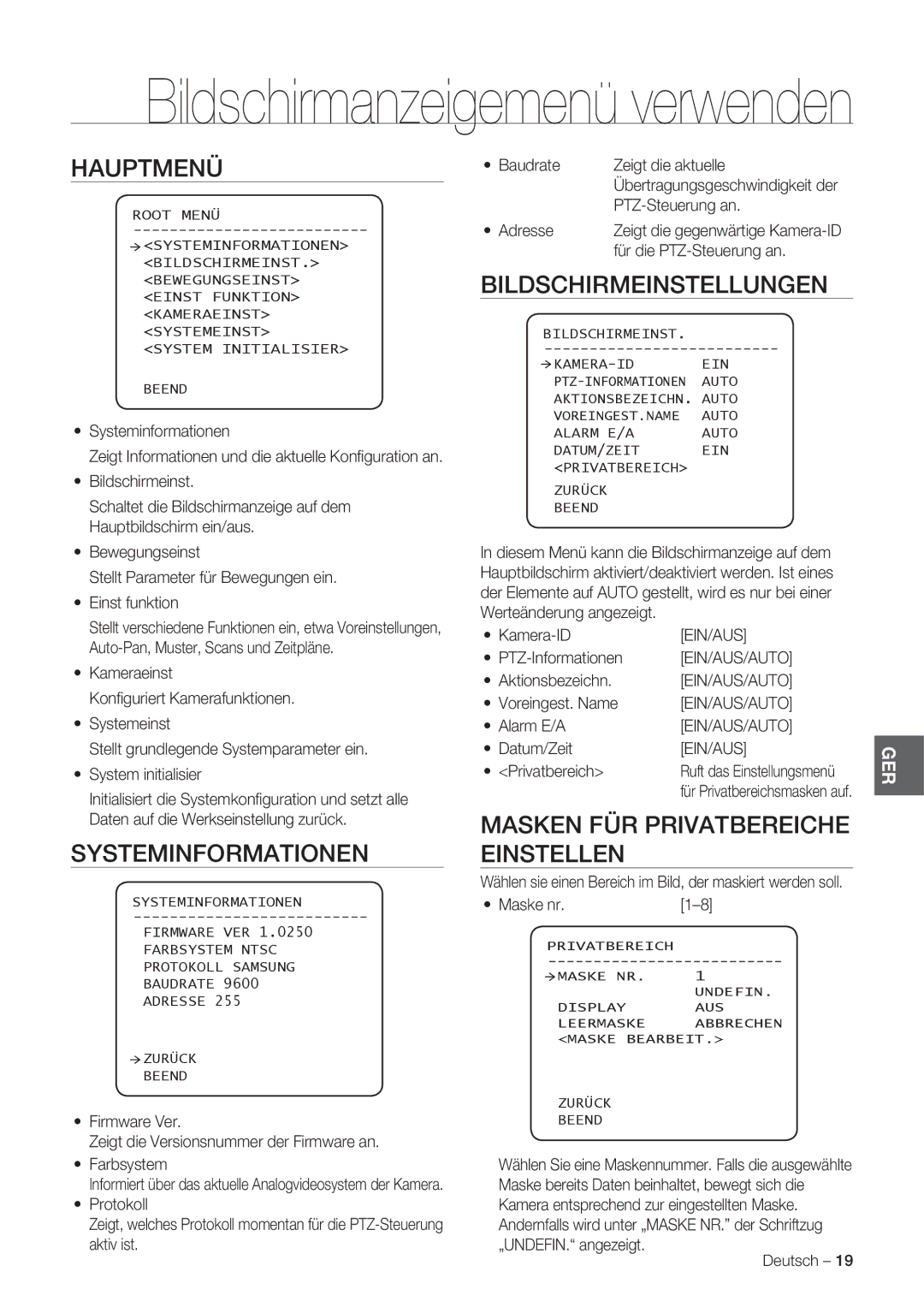 Samsung SCC-C7478P manual Hauptmenü, Systeminformationen, Bildschirmeinstellungen, Masken FÜR Privatbereiche Einstellen 