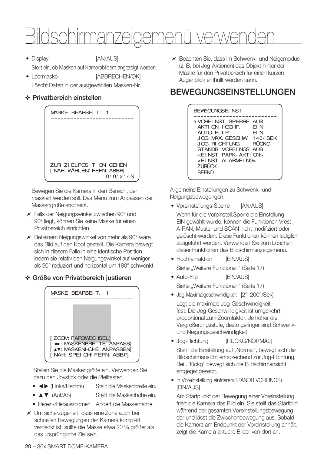 Samsung SCC-C7478P manual Bewegungseinstellungen, Privatbereich einstellen, Größe von Privatbereich justieren 