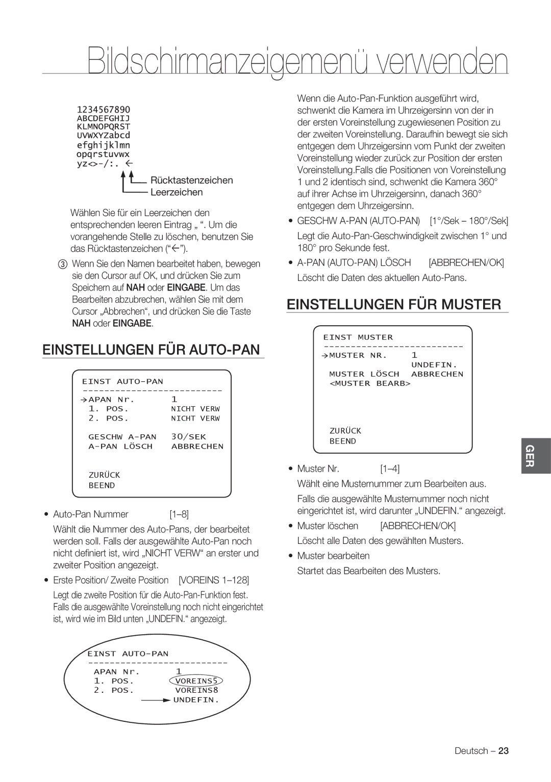 Samsung SCC-C7478P manual Einstellungen FÜR AUTO-PAN, Einstellungen FÜR Muster, PAN AUTO-PAN Lösch ABBRECHEN/OK 