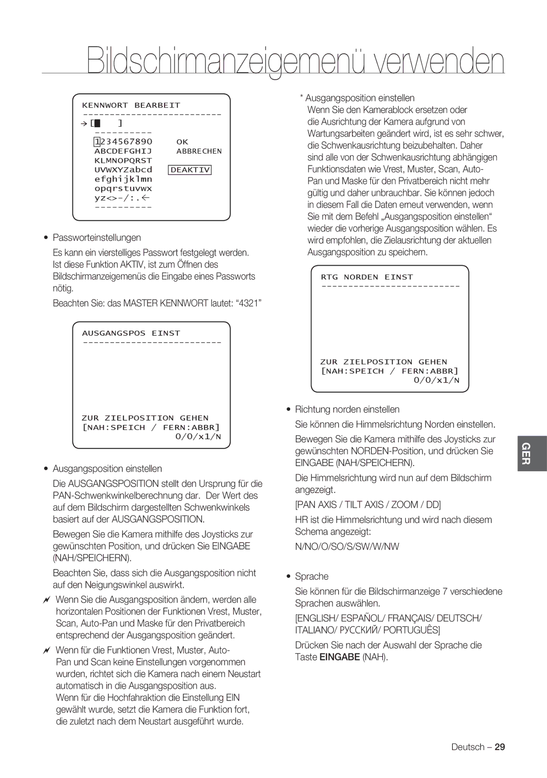 Samsung SCC-C7478P manual Eingabe NAH/SPEICHERN, PAN Axis / Tilt Axis / Zoom / DD, No/O/So/S/Sw/W/Nw 