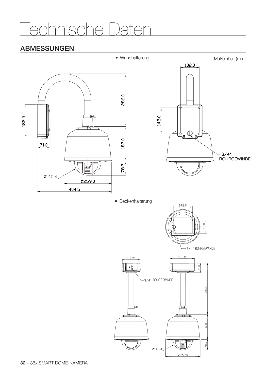 Samsung SCC-C7478P manual Abmessungen, Maßeinheit mm, 32 36x Smart DOME-KAMERA 