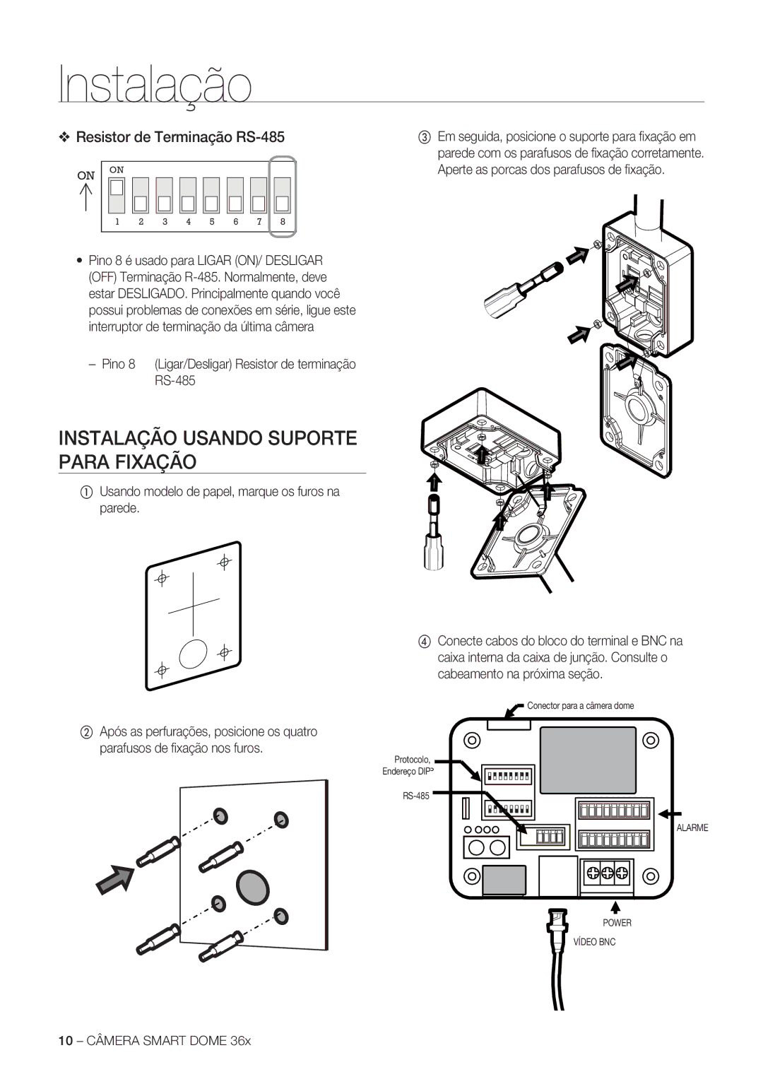 Samsung SCC-C7478P manual Instalação Usando Suporte Para Fixação, Resistor de Terminação RS-485, 10 Câmera Smart Dome 