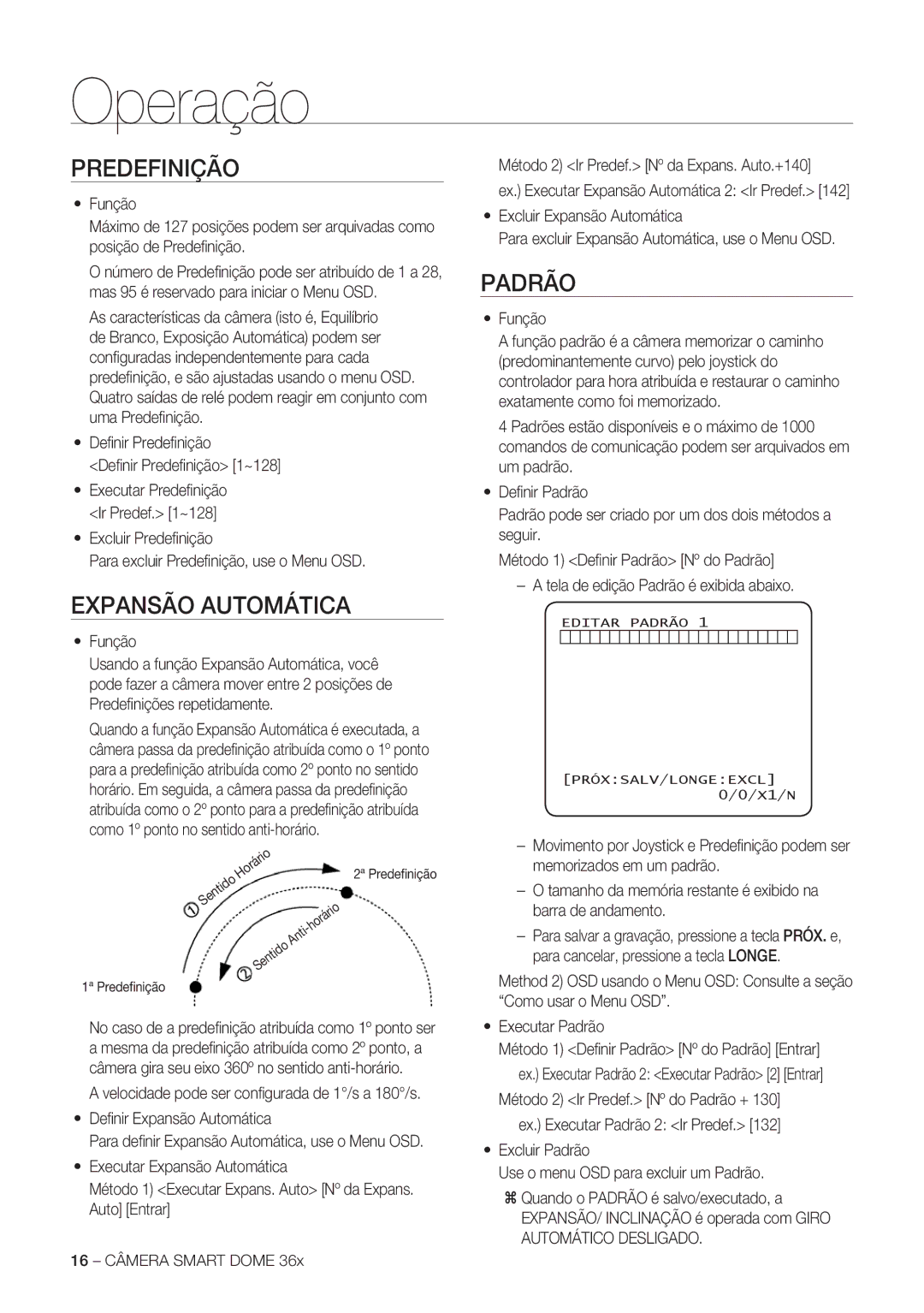 Samsung SCC-C7478P manual Predefinição, Expansão Automática, Padrão, Deﬁ nir Predeﬁ nição Deﬁ nir Predeﬁ nição 1~128 