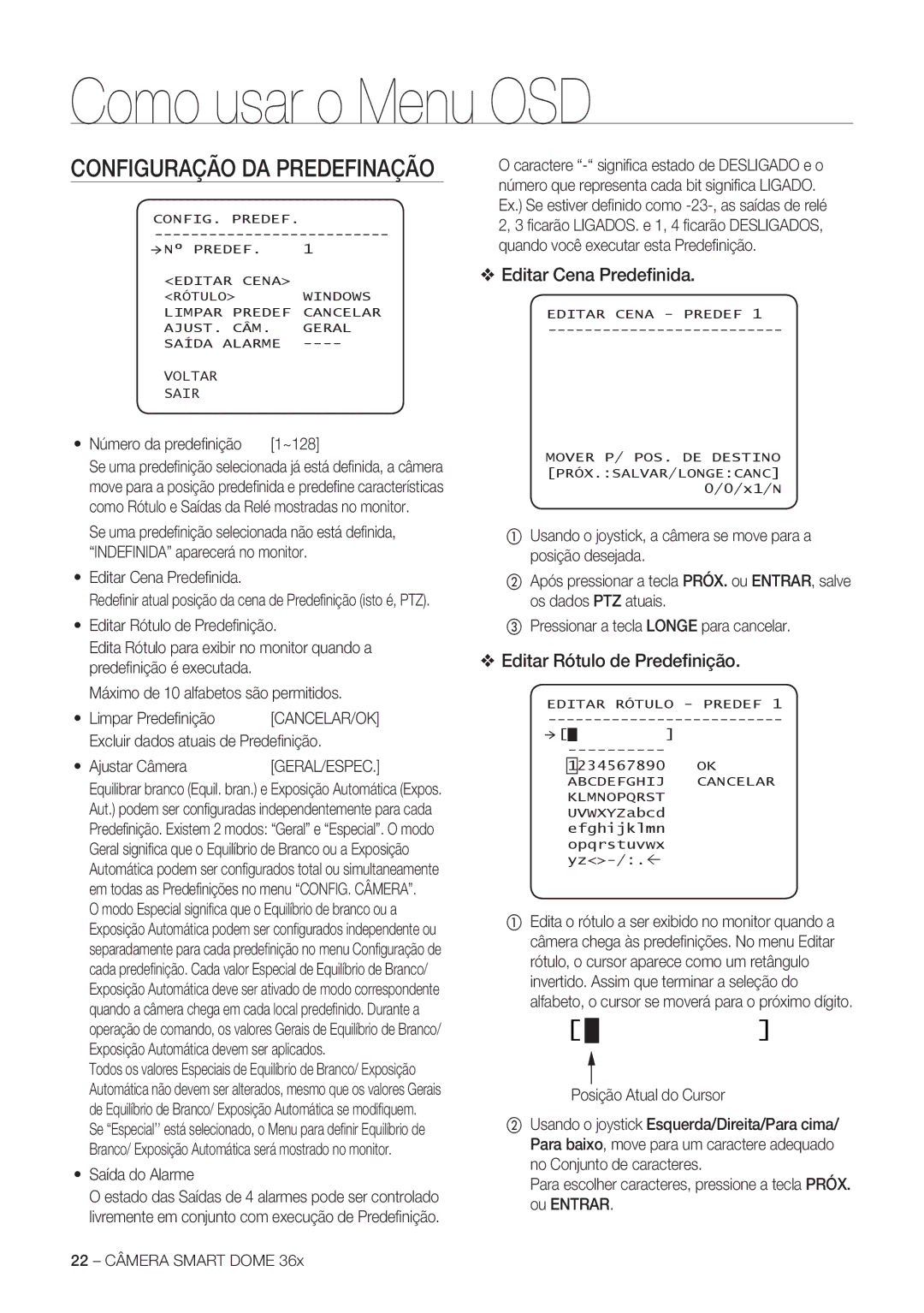 Samsung SCC-C7478P manual Configuração DA Predefinação, Editar Cena Predeﬁnida, Editar Rótulo de Predeﬁnição 