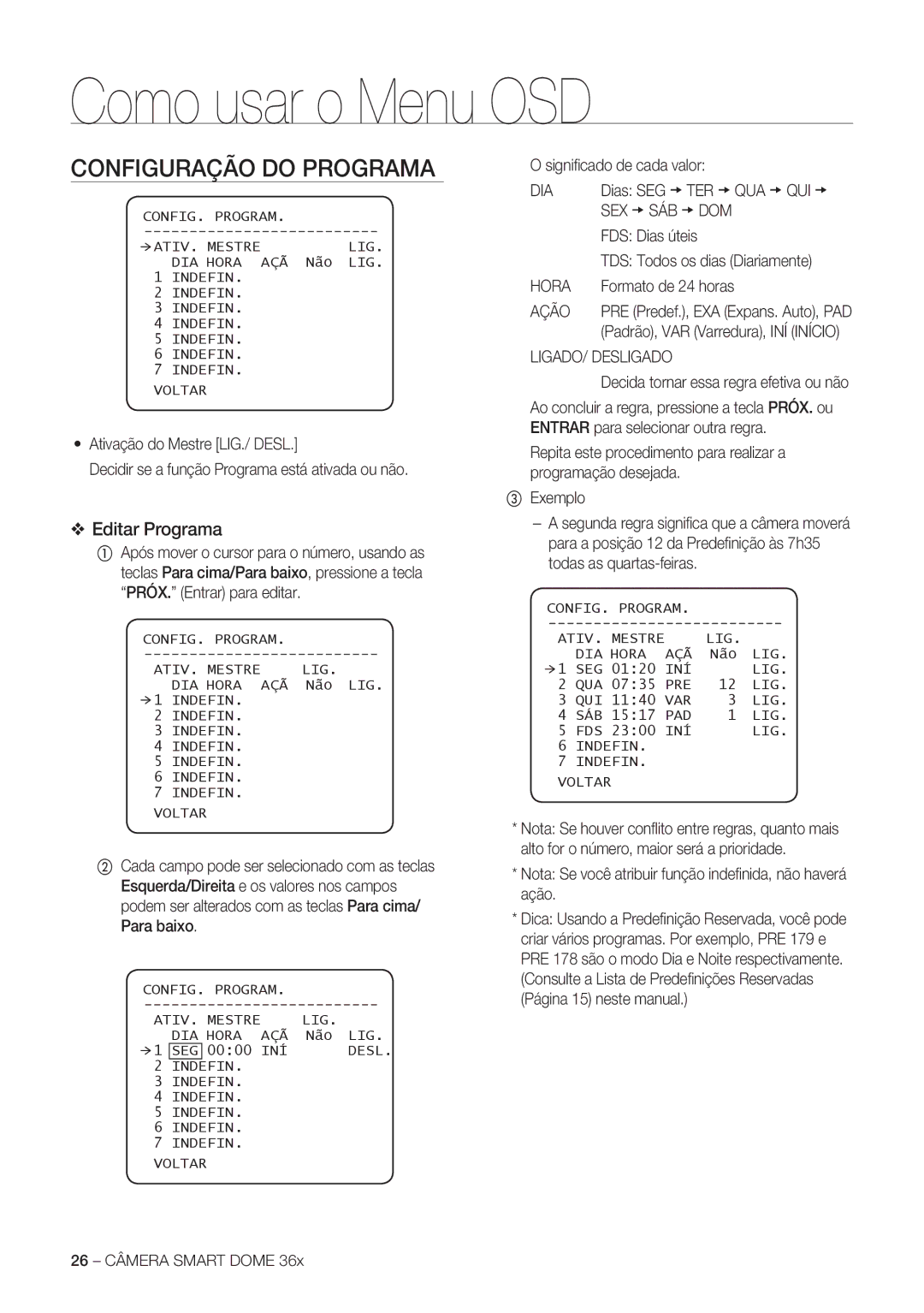 Samsung SCC-C7478P manual Configuração do Programa, Editar Programa 