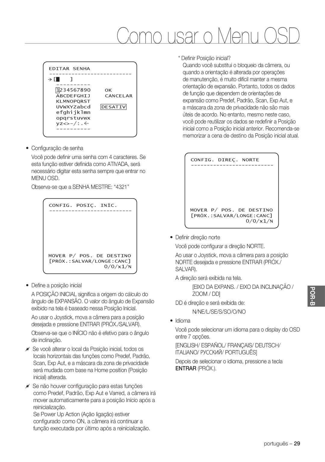 Samsung SCC-C7478P manual Menu OSD, Eixo DA EXPANS. / Eixo DA Inclinação, Zoom / DD, Ne/L/Se/S/So/O/No, Entrar Próx 