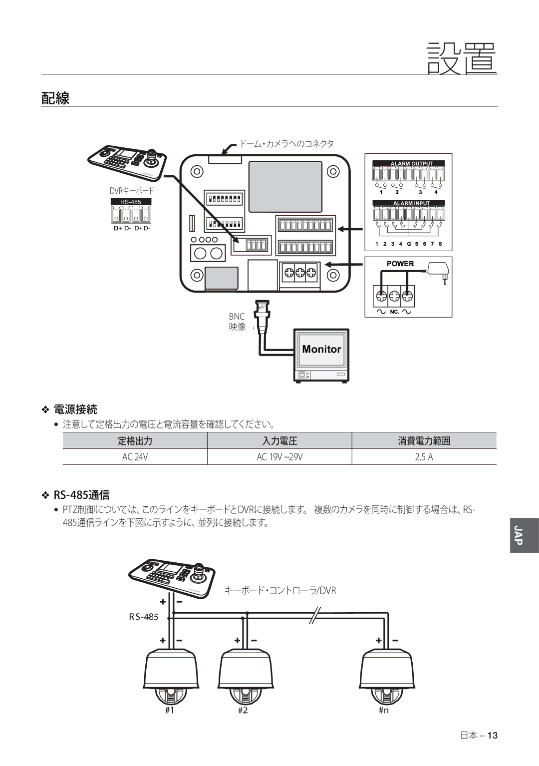 Samsung SCC-C7478P manual 電源接続, 注意して定格出力の電圧と電流容量を確認してください。 入力電圧 消費電力範囲, キーボード・コントローラ/Dvr 