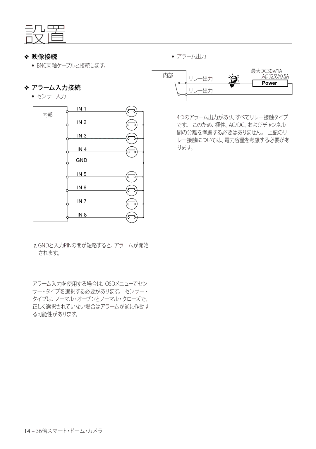 Samsung SCC-C7478P manual 映像接続, アラーム入力接続 