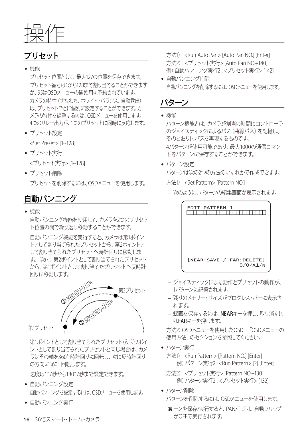 Samsung SCC-C7478P manual プリセット, 自動パンニング, パターン 