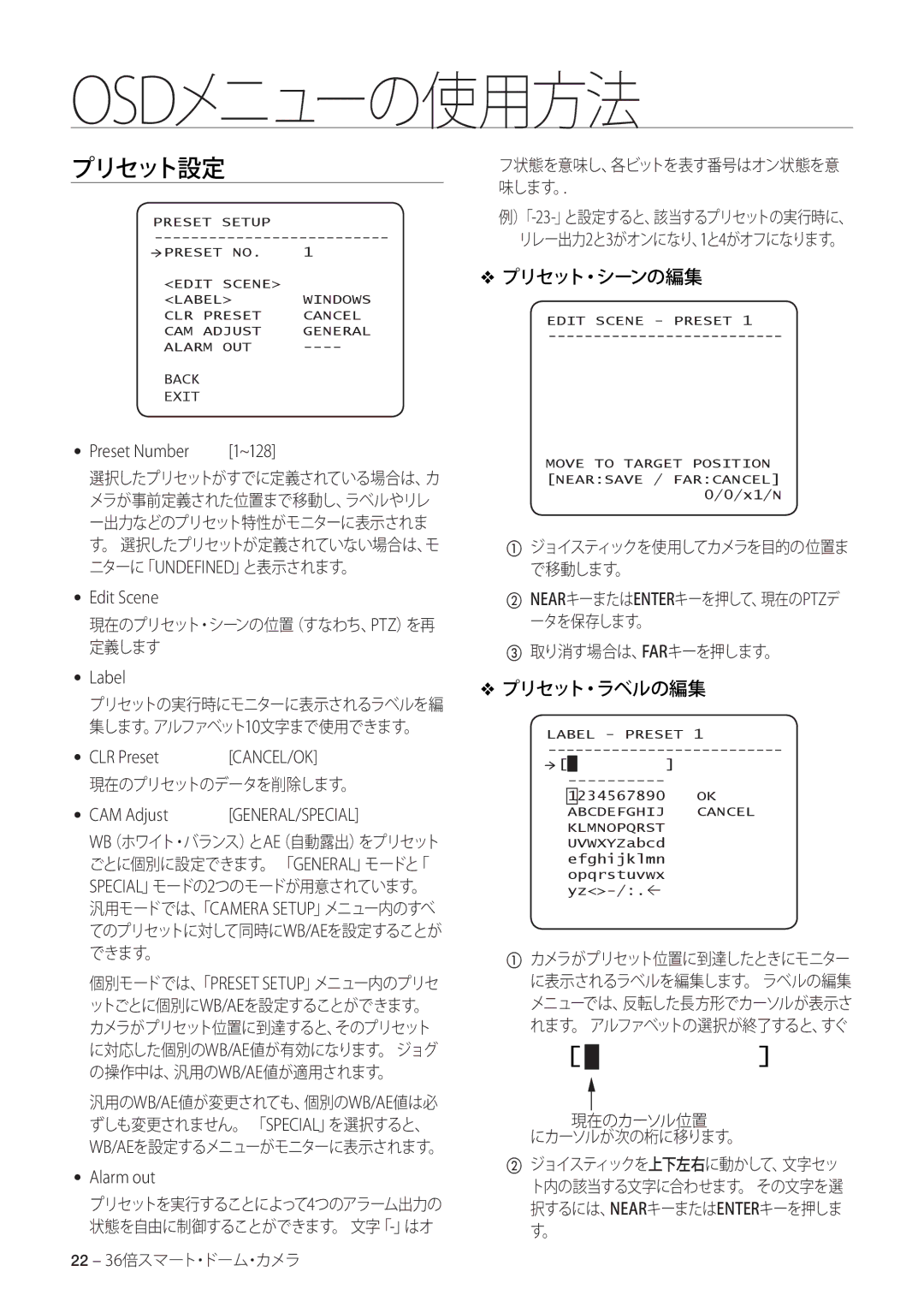 Samsung SCC-C7478P manual プリセット・ラベルの編集, 味します。, ③ 取り消す場合は、FARキーを押します。, 現在のカーソル位置 にカーソルが次の桁に移ります。 