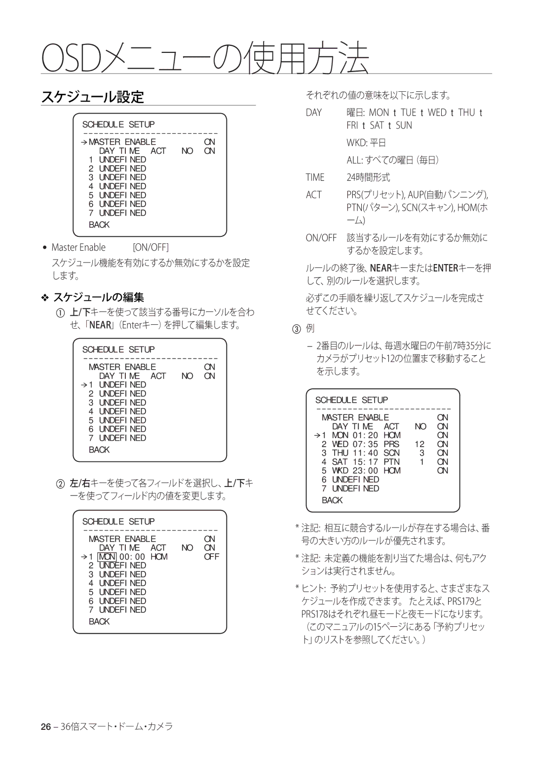 Samsung SCC-C7478P manual スケジュール設定, スケジュールの編集, それぞれの値の意味を以下に示します。, All すべての曜日（毎日）, ③ 例 