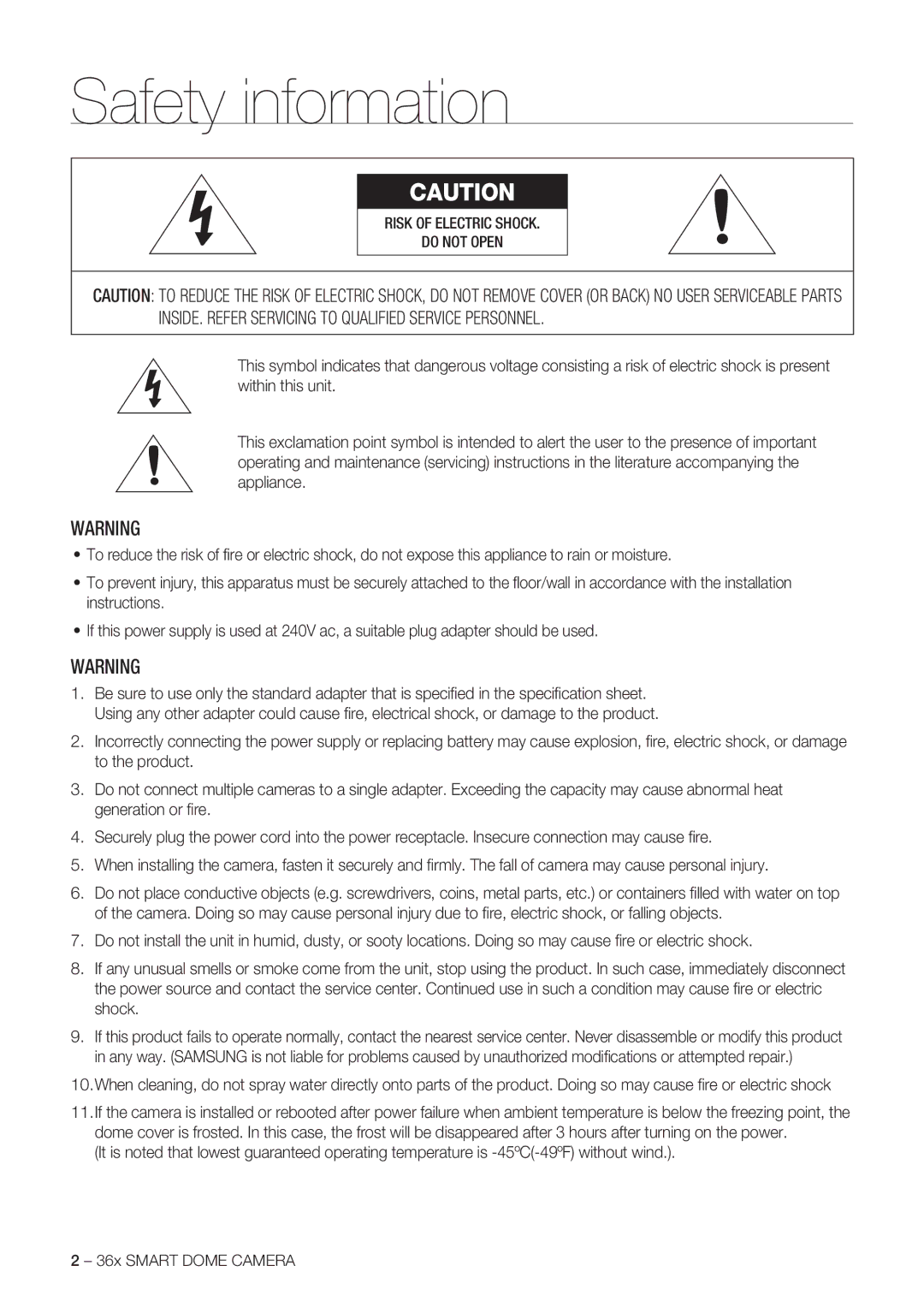 Samsung SCC-C7478P manual Safety information, 36x Smart Dome Camera 