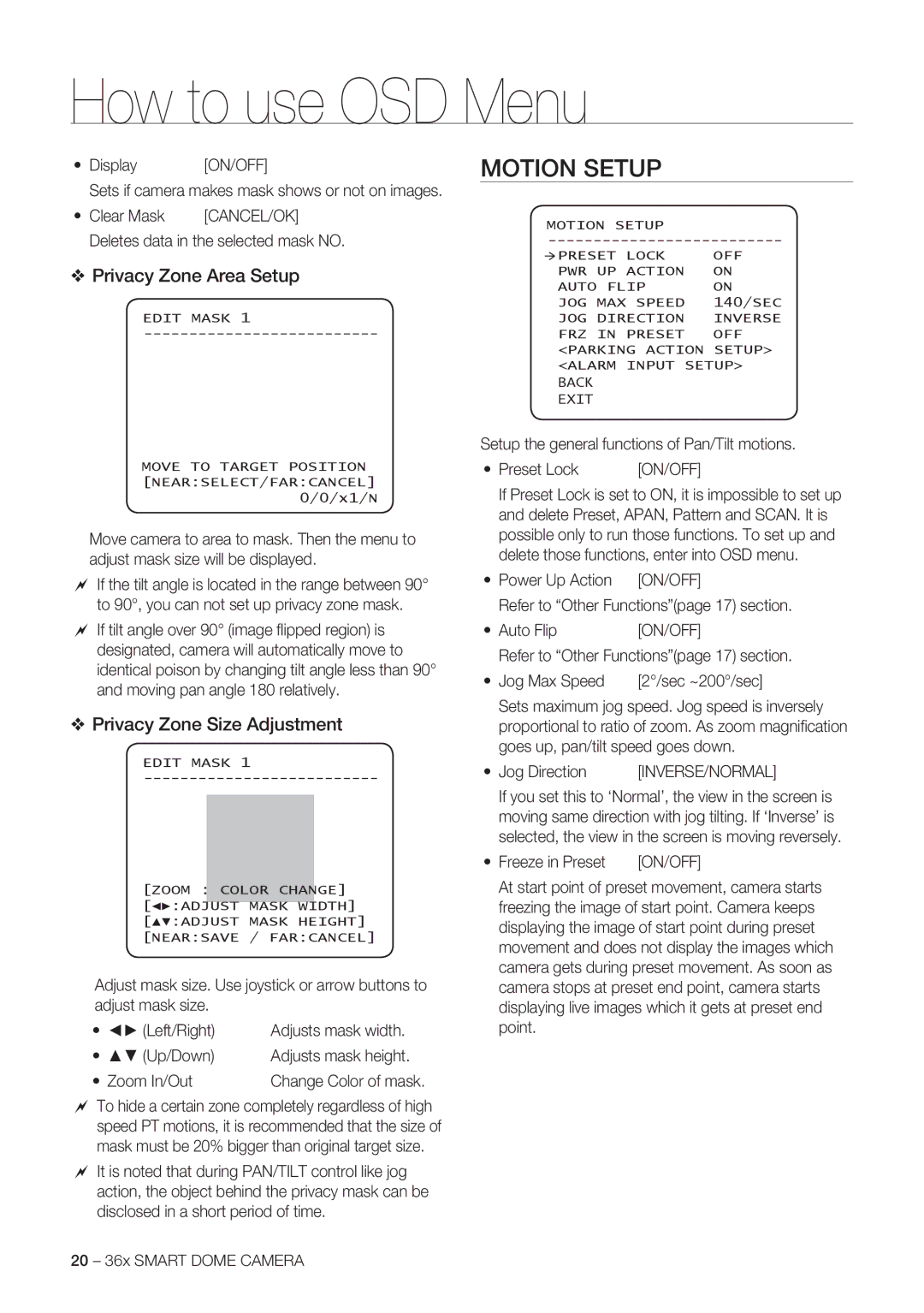 Samsung SCC-C7478P manual Motion Setup, Privacy Zone Area Setup, Privacy Zone Size Adjustment 