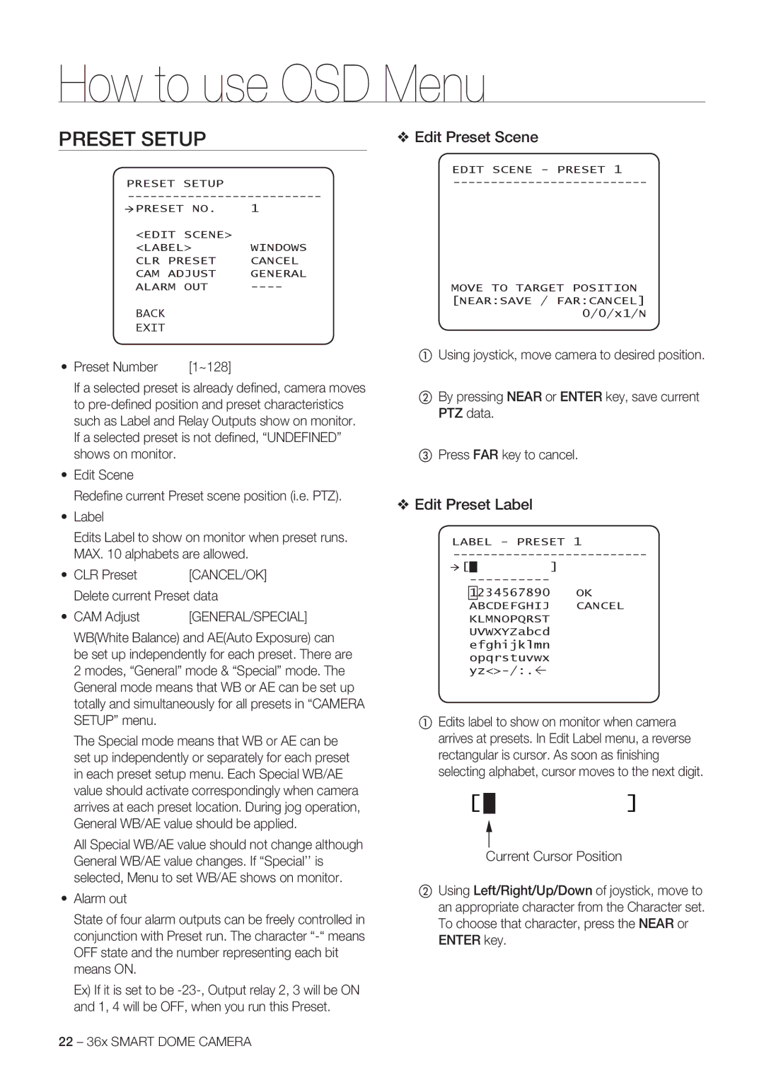 Samsung SCC-C7478P manual Preset Setup, Edit Preset Scene, Edit Preset Label, Cancel/Ok 