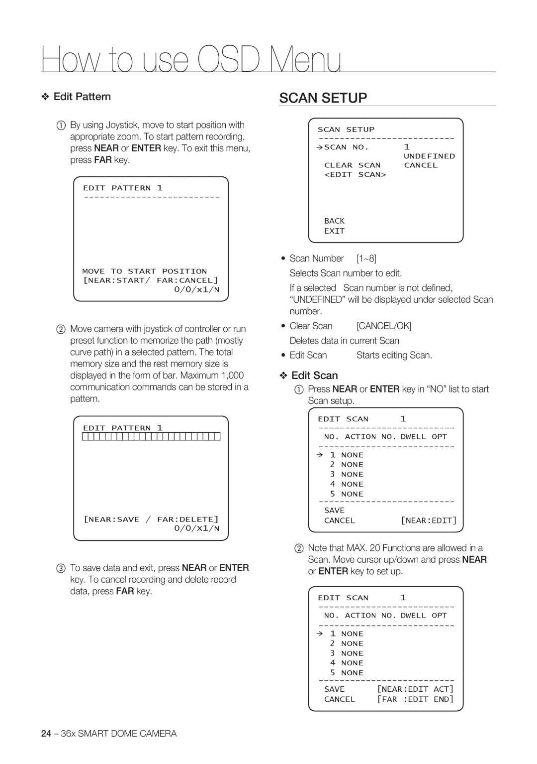 Samsung SCC-C7478P manual Scan Setup, Edit Pattern, Edit Scan 