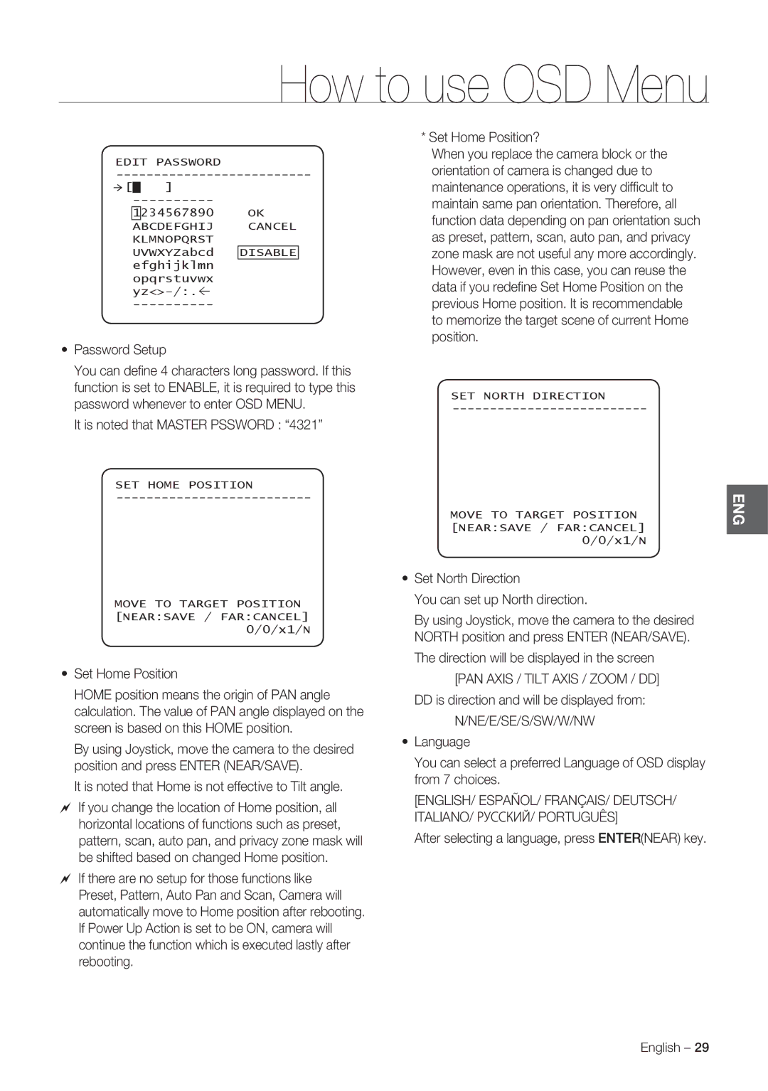 Samsung SCC-C7478P manual Set Home Position?, Password Setup, It is noted that Master Pssword 