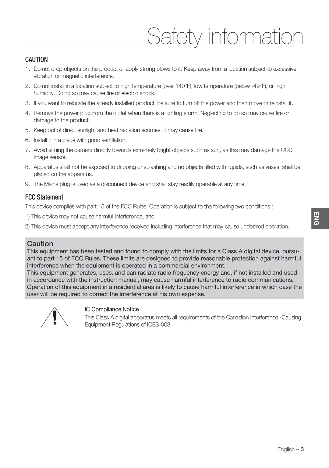 Samsung SCC-C7478P manual FCC Statement, English 