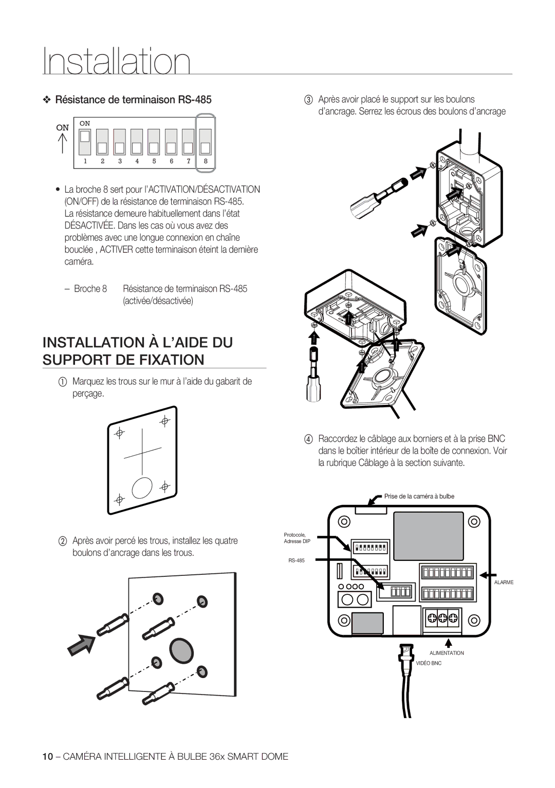 Samsung SCC-C7478P manual Installation À L’AIDE DU Support DE Fixation, Résistance de terminaison RS-485 