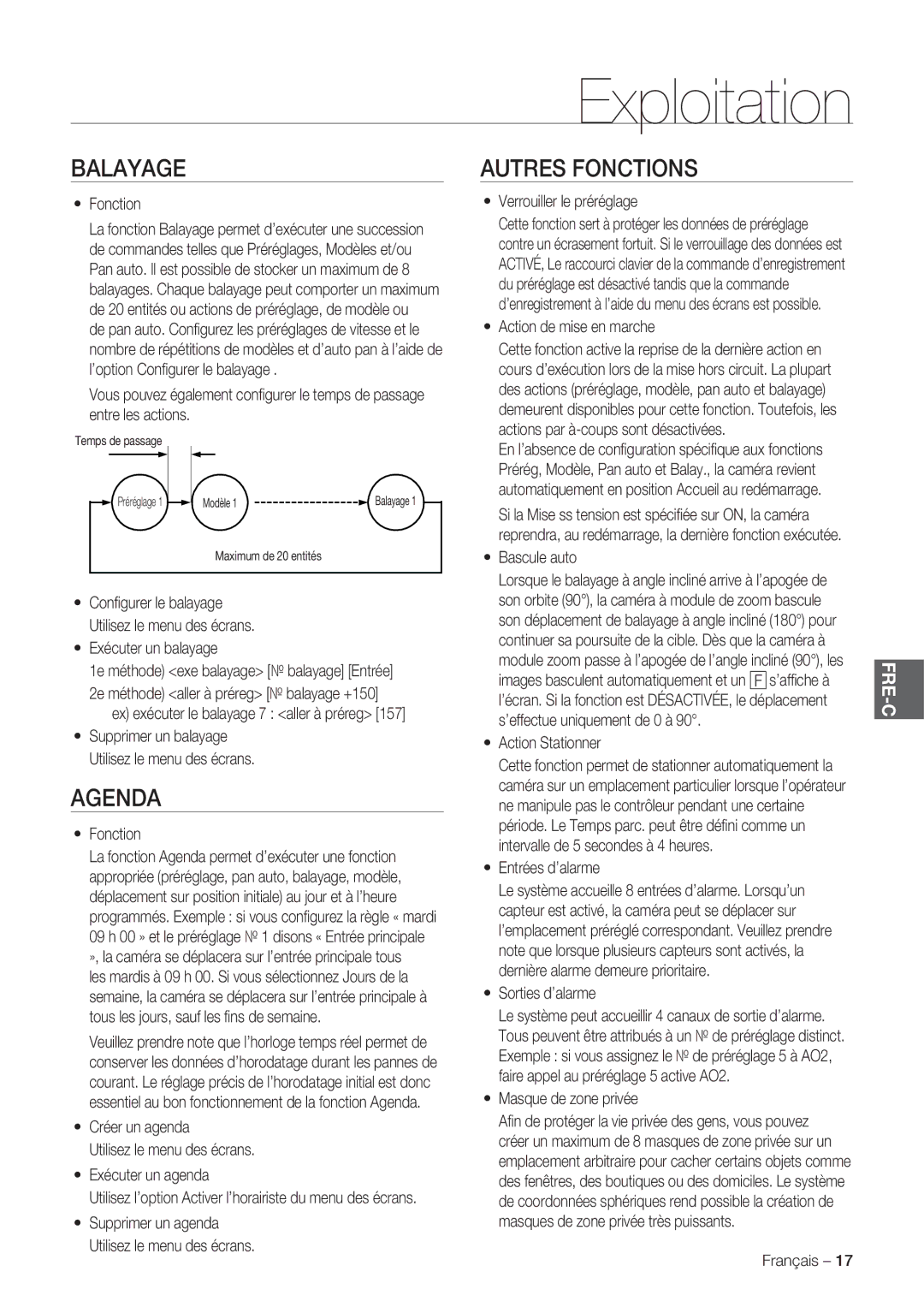 Samsung SCC-C7478P manual Balayage, Agenda, Autres Fonctions 