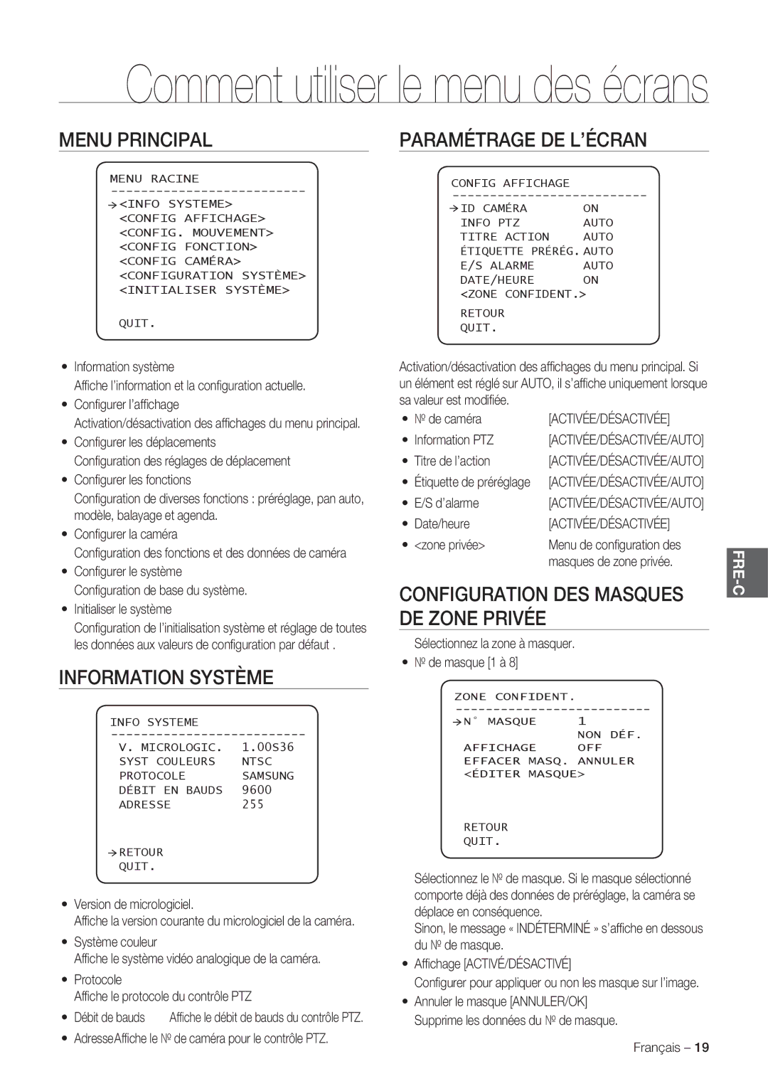 Samsung SCC-C7478P manual Menu Principal, Information Système, Paramétrage DE L’ÉCRAN, Configuration DES Masques 