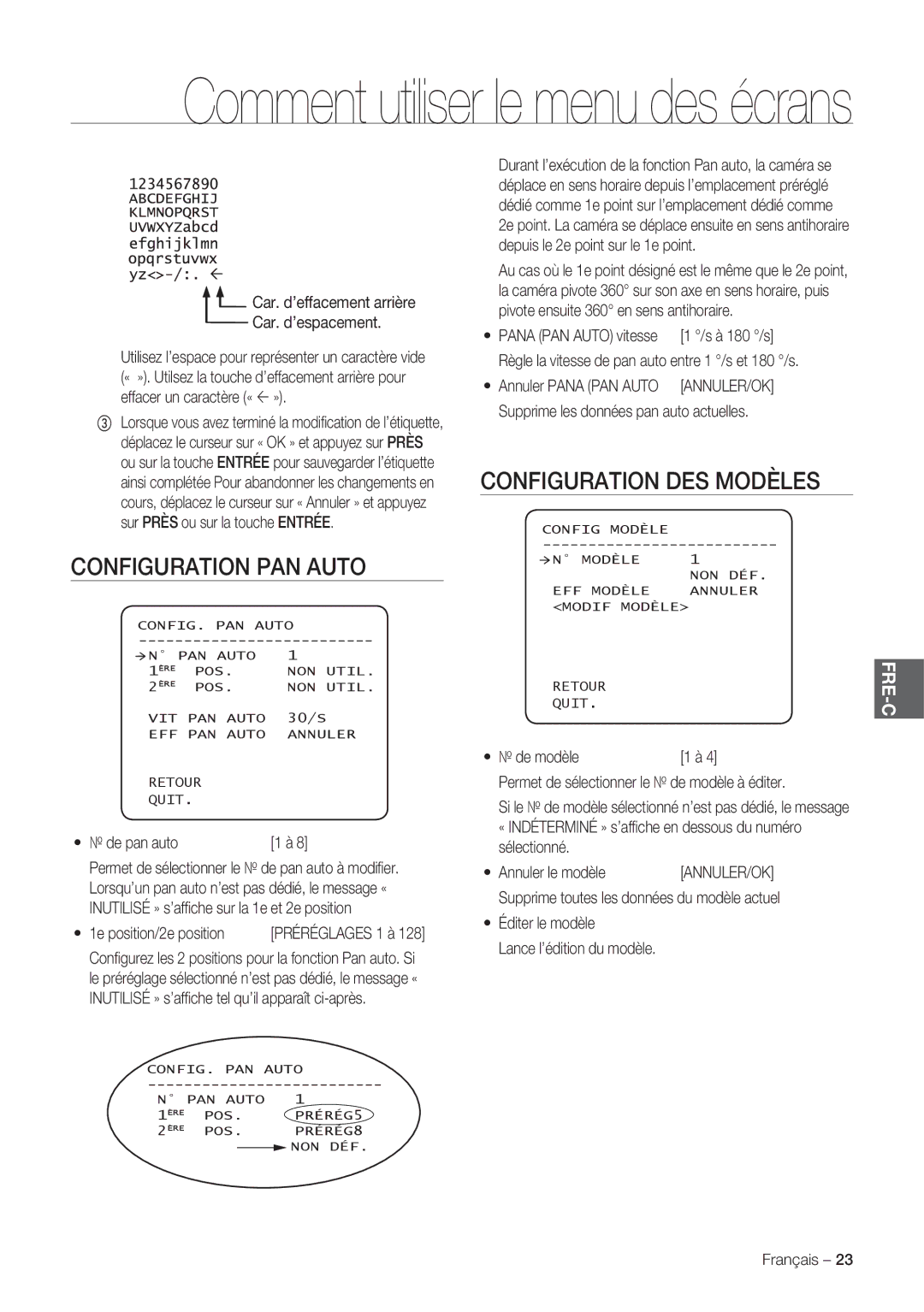 Samsung SCC-C7478P manual Configuration PAN Auto, Configuration DES Modèles, Car. d’effacement arrière Car. d’espacement 